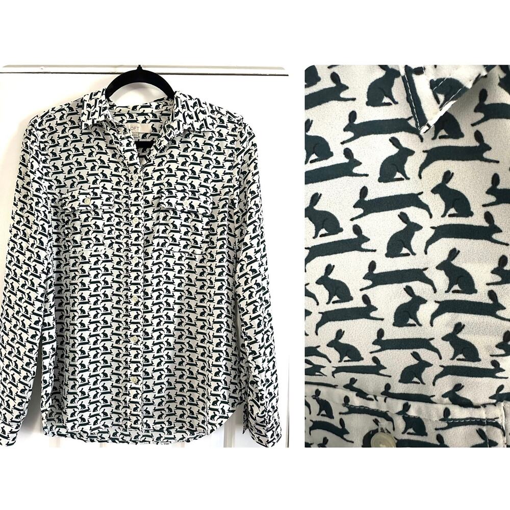 Ann Taylor Loft Bunny Rabbit Print Blouse Shirt Whimsical Preppy Cream Black- XS